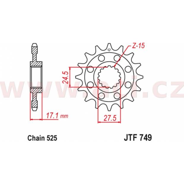 řetězové kolečko pro sekundární řetězy typu 525, JT (15 zubů) M290-4034-15 JT